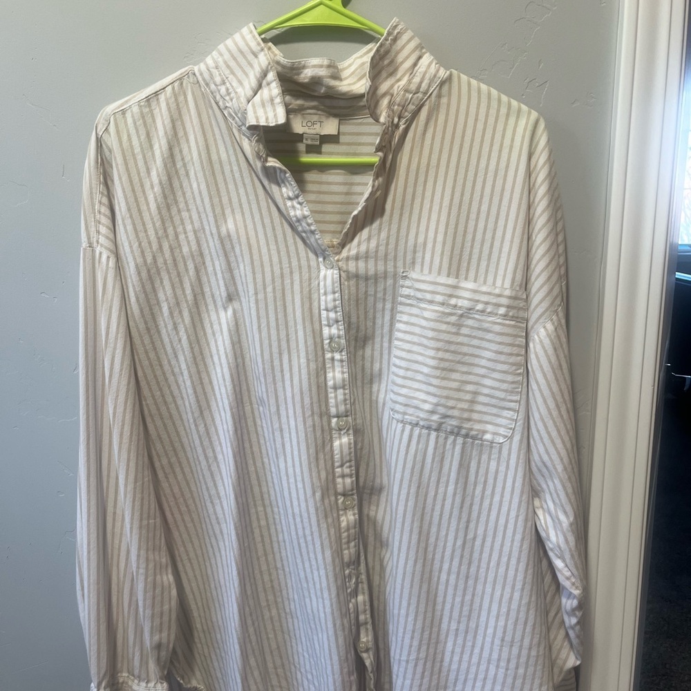 Loft Yellow Stripped White Shirt Women Sz XL